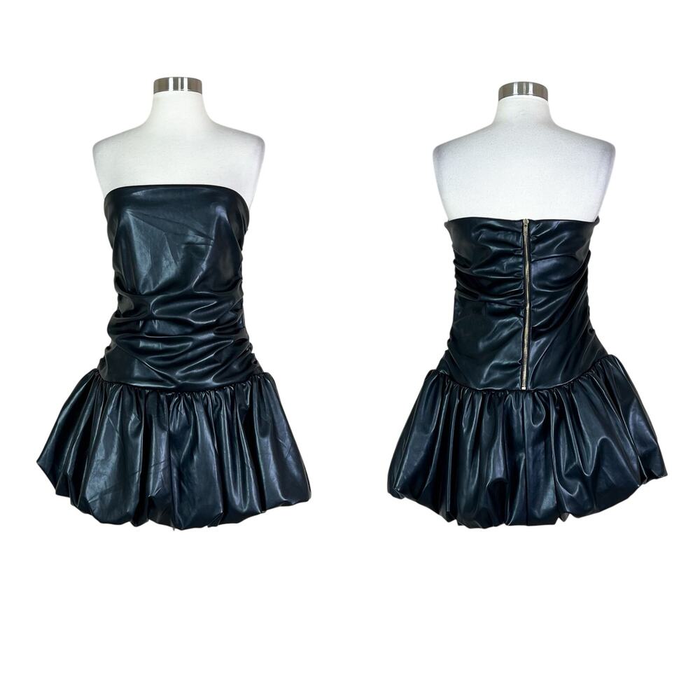 AKIRA | Black Faux Leather Bubble Hem Fitted Drop Waist Strapless Mini Dress XL - Picture 11 of 11